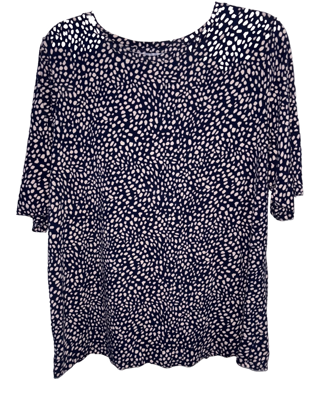 Nine West Soft Spun Top Women XL Navy Blue Cream Dot Animal Print Stretch Blouse